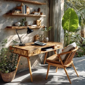 Mid Century Wood Desk with Drawers Tapered Legs and Natural Finish for Home Office or Minimalist Studio Workspace