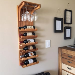 Wall Mounted Wooden Wine Rack with Glass Holder for Modern Kitchen or Home Bar Decor