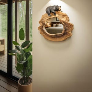 Rustic Bear Mirror for Cabin Wall Decor with Handcrafted Woodland Animal Accent and Natural Wood Frame for Entryway or Bedroom
