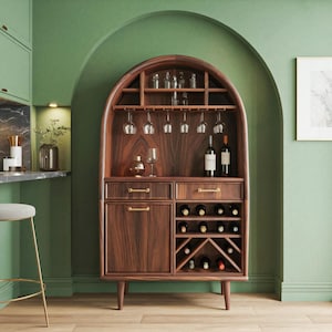 Modern Wooden Wine Cabinet with Arch Design and Storage for Glasses and Bottles for Dining Room