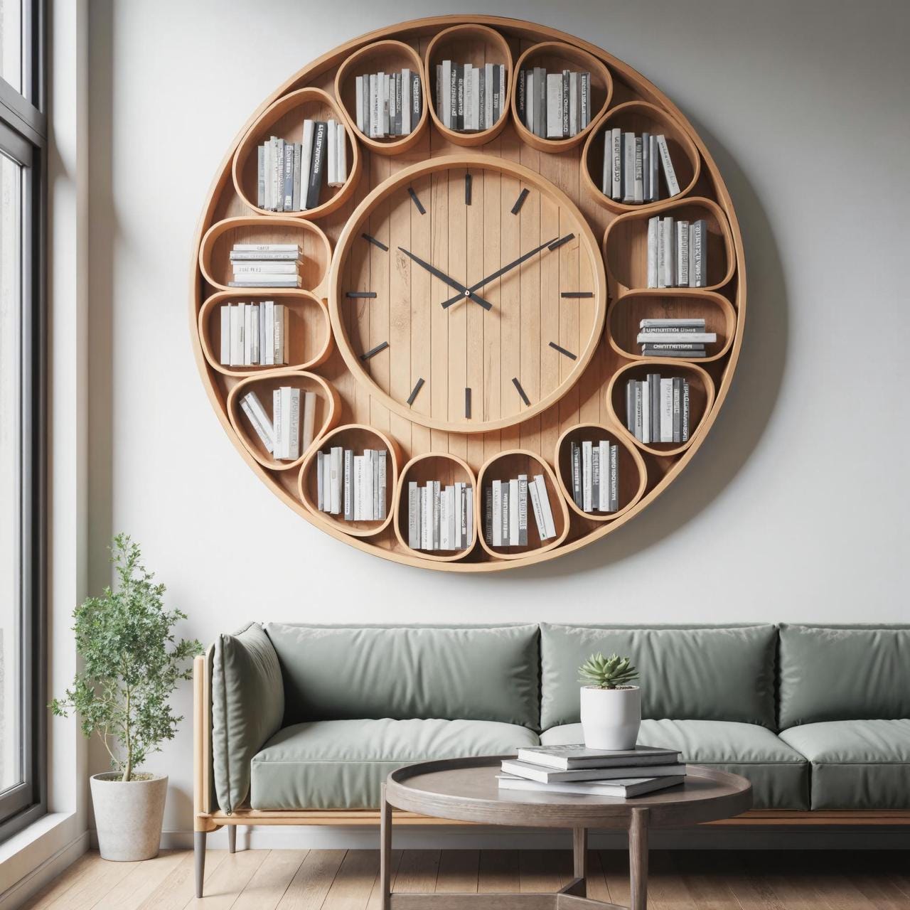 Contemporary Round Wall Bookshelf With Built In Clock And Sculptural contemporary-round-wall-bookshelf-with-built-in-clock-and-sculptural