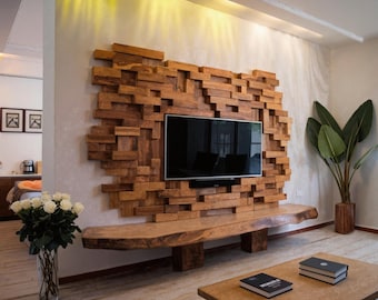 Artistic Wooden TV Wall Panel for Modern Living Room Accent Display