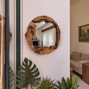 Handcrafted Wooden Mirror, Organic Wood Circle Mirror For Living Room