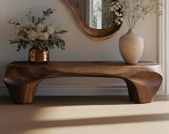 Modern Sculptural Wood Bench and Organic Wall Mirror for Hallway Entryway or Living Room Accent Seating and Artistic Decor