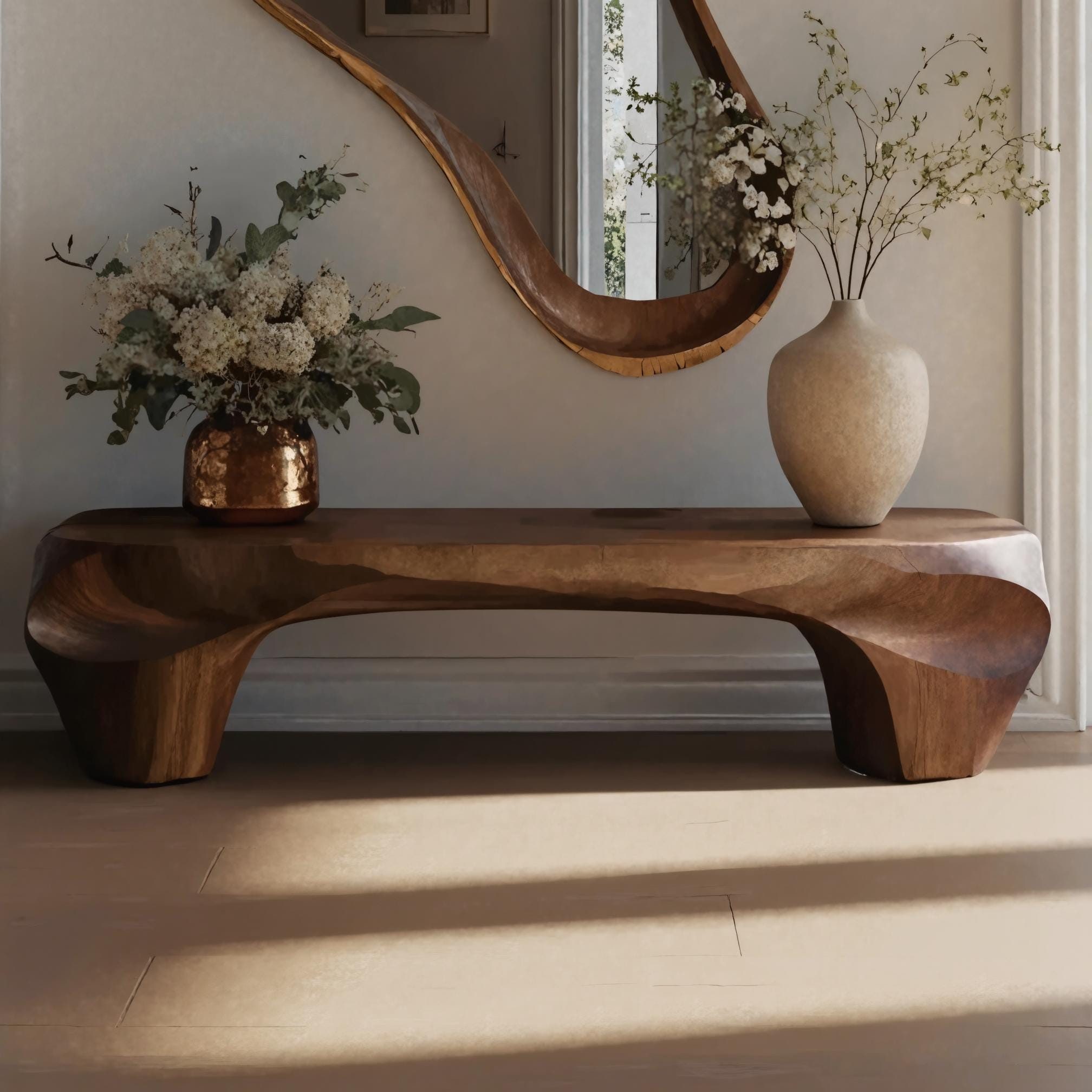Modern Sculptural Wood Bench and Organic Wall Mirror for Hallway Entryway or Living Room Accent Seating and Artistic Decor