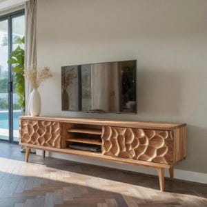 Handmade Hardwood TV Stand: Carved Texture Doors, Modern Media Console