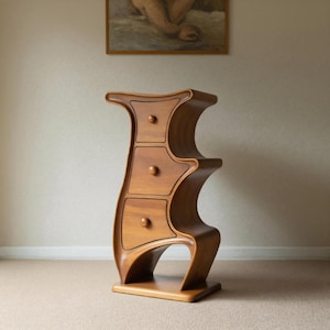 Curved Wooden Cabinet, Handmade Solid Wood 3 Drawer Chest with Artistic Sculptural Design for Bedroom or Living Room