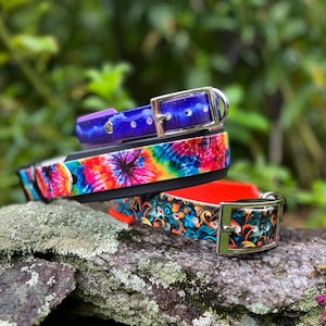May include: Three decorative dog collars in a stack. The top collar is purple with a starry design, the middle one is tie-dye, and the bottom one is orange with a floral pattern. Each collar has a silver buckle.