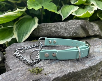 Könnte beinhalten: Ein mintgrünes Hundehalsband mit einer silbernen Kette und Beschlägen. Das Halsband besteht aus einem weichen, lederartigen Material und ist mit Metallnieten befestigt. Die Kette hat ein Standard-Glieddesign.