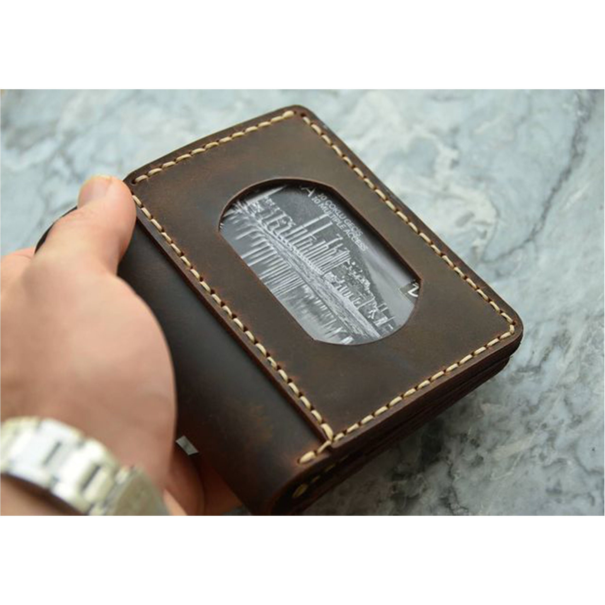 Leather Id Window Wallet Minimalist Present Women Men Etsy