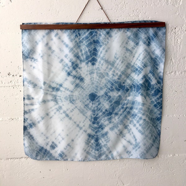 Indigo Shibori hand-dyed silk scarf, 21"x21" supersoft habotai silk, naturally dyed