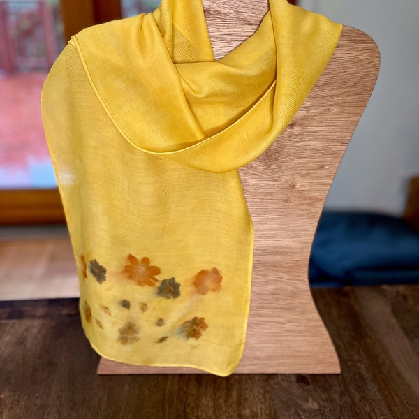 Plant-dyed long silk/wool scarf, hand-dyed with home-grown marigold, cosmos and coreopsis flowers. 10"x58" lightweight silk/wool blend.