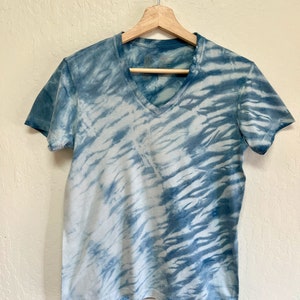 Indigo shibori hand-dyed upcycled t-shirt, 100% cotton, v-neck style, women&#39;s xs