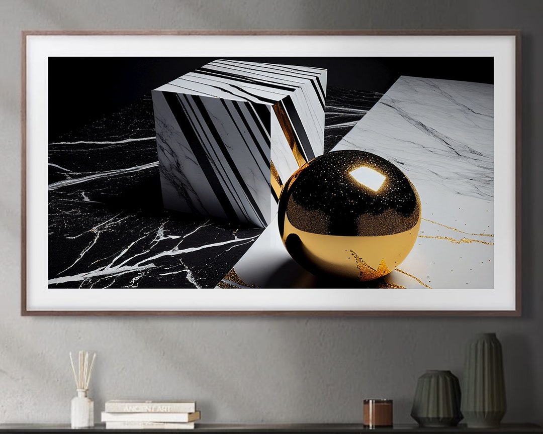Samsung Frame TV Art, Gold Sphere With Cube Marble, Samsung Art TV