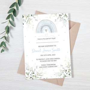 God Parent Certificate Boys Rainbow Christening | Personalised Blue Rainbow | Eucalyptus Christening | Guide Parent Certificate