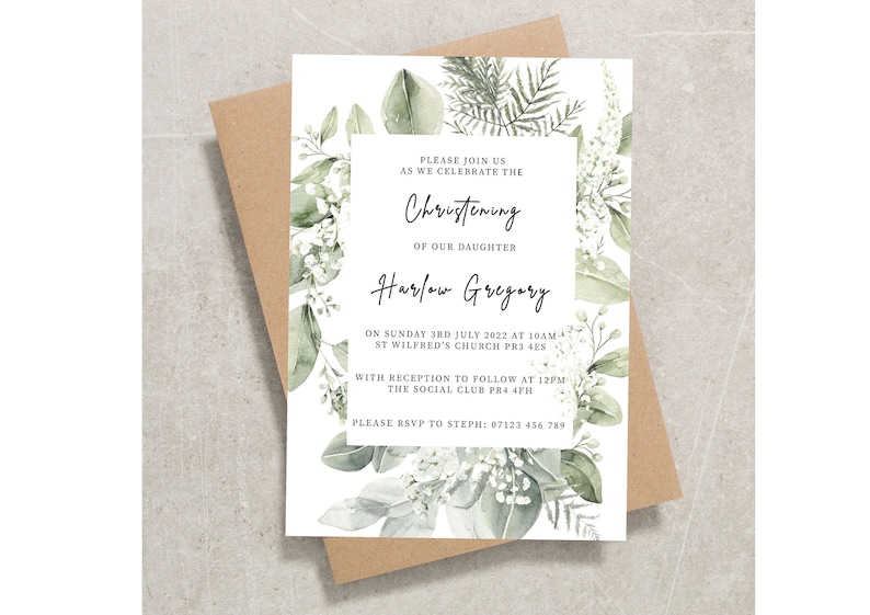May include: A white Christening invitation with green and white floral accents. The invitation includes the text "PLEASE JOIN US AS WE CELEBRATE THE Christening OF OUR DAUGHTER Harlow Gregory" and event details. The invitation is on a brown envelope.