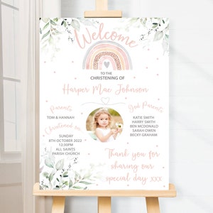 Rainbow Christening Welcome Sign | Personalised Pink Rainbow | Eucalyptus Christening | Baptism Welcome Sign | Watercolour