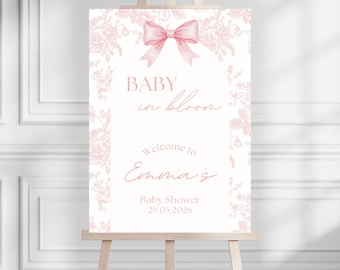 Baby in Bloom Welcome Sign, Pink Bow Baby Shower Sign, Floral Toile Baby Shower Decor, Coquette Baby Shower, Girl Baby Shower Welcome Board