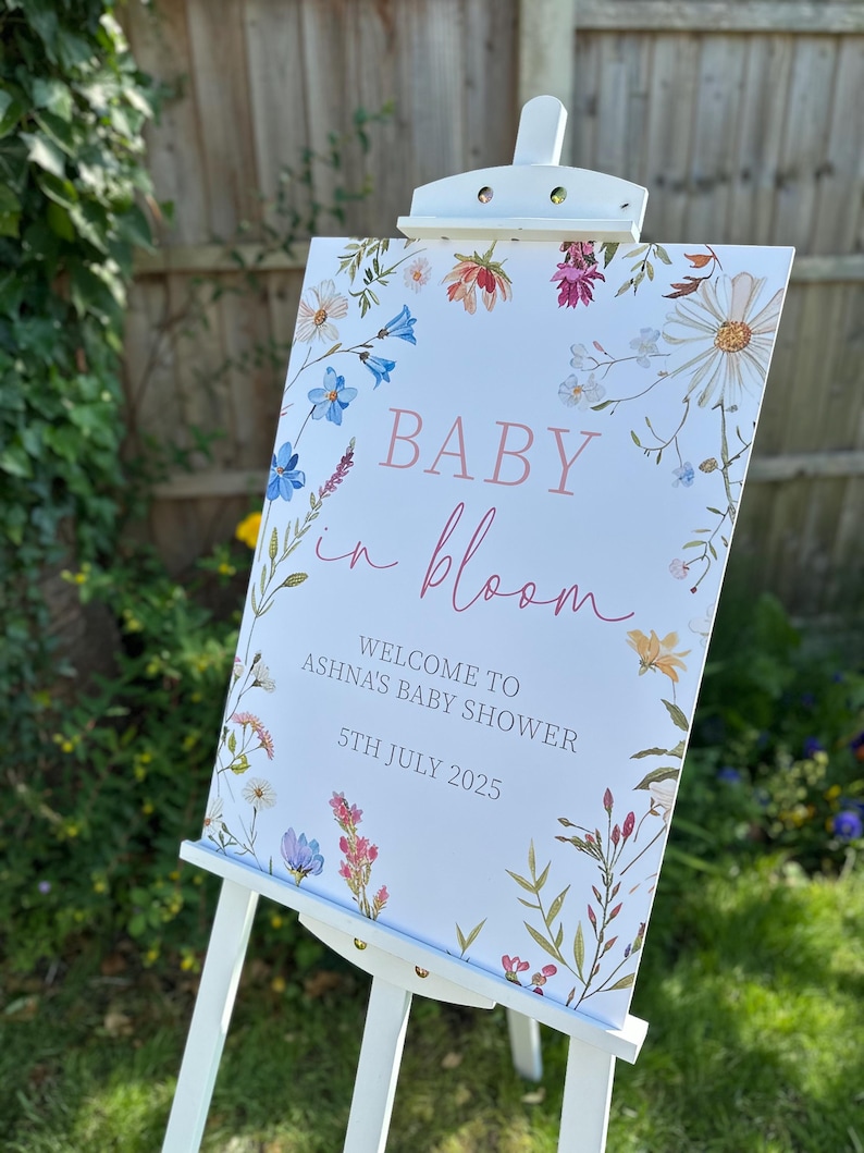 Baby in Bloom Baby Shower Welcome Board, Floral Baby Shower Sign | Wildflower Baby Shower Sign | Girls Baby Shower Decoration | Flower Sign image 2