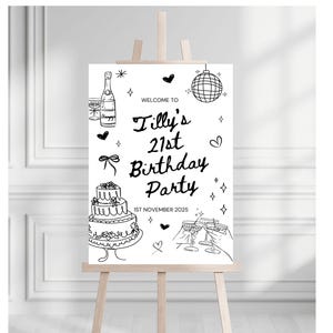 May include: A black and white sign on an easel, announcing "Welcome to Tilly's 21st Birthday Party." The design includes illustrations of champagne, a cake, disco ball, and champagne flutes. The date is 1st November 2025.