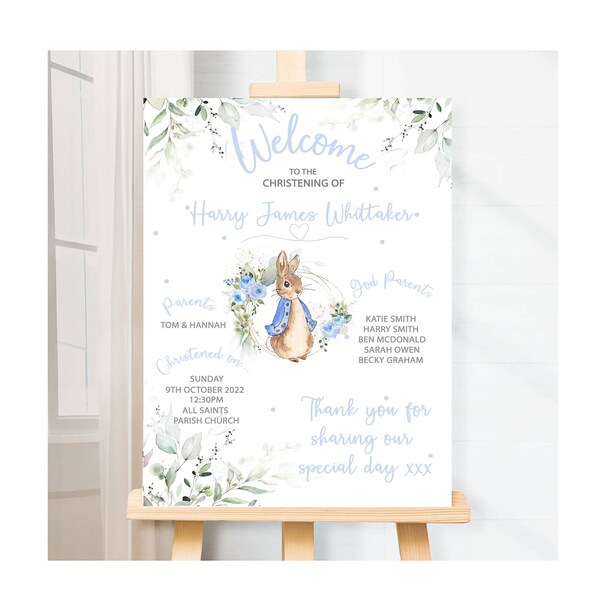 Blue Peter Rabbit Christening Welcome Sign | Christening Decoration | Boys Peter Rabbit Baptism Welcome Board | Christening Sign For Boys