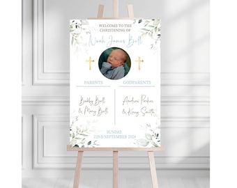 Letrero de bienvenida para bautizo de niño / Letrero de eucalipto azul personalizado / Letrero de bienvenida para bautizo / Letrero con foto / Tablero de bienvenida