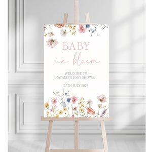 Panneau de bienvenue pour baby shower Baby in Bloom, Panneau floral pour baby shower | Panneau baby shower fleurs sauvages | Décoration de fête prénatale pour filles | Fleur signe