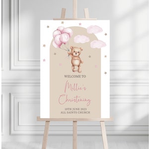 Teddy Bear Christening Sign | Pink Teddy Bear Christening Welcome Board | Neutral Christening Decor | Baptism Welcome Sign | Naming Day Sign