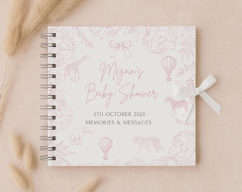 Safari Baby Shower Guest Book | Personalised Baby Shower Memory Book | Neutral Pink Safari Toile Theme