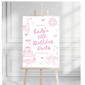 May include: A pink sign on a wooden easel announces "Emily's 30th Birthday Party" with illustrations of champagne, cake, and disco ball. The date "1st November 2025" is also displayed.