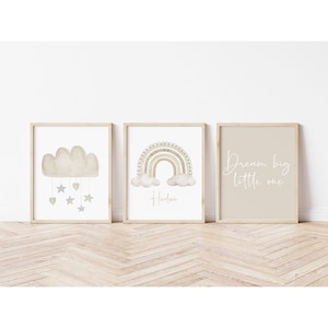 Neutral Nursery Prints | Gender Neutral Nursery Decor | Beige Rainbow Prints | Set of Three Nursery Wall Art | Neutral Rainbow & Cloud