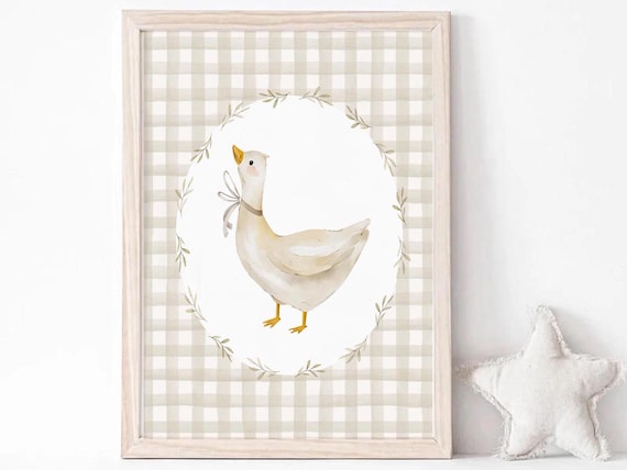 Gingham Goose Print | Nursery Goose Print Beige | Neutral Vintage Goose Print Gingham | Unisex Nursery Print | Silly Goose Print | Goose Bow