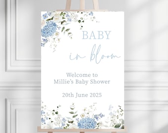 Tablero de bienvenida para baby shower con diseño de bebé azul en flor / Letrero floral para baby shower / Letrero de flores silvestres para baby shower / Decoración para baby shower de niños