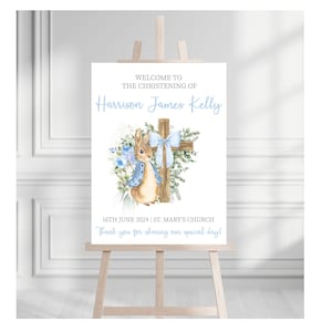 Blue Peter Rabbit Christening Welcome Sign | Christening Decoration | Boys Peter Rabbit Baptism Welcome Board | Religious Christening Sign