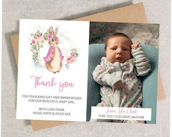 Tarjetas de agradecimiento para recién nacidas / Tarjetas de agradecimiento con conejito Flopsy impresas / Tarjeta con foto para regalo de recién nacida / Tarjetas de agradecimiento con sobres