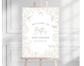 Neutral Toile Baby Shower Welcome Sign, Safari Animal Baby Shower Poster, Elegant Unisex Baby Shower Decoration, Print or Foam Board Sign