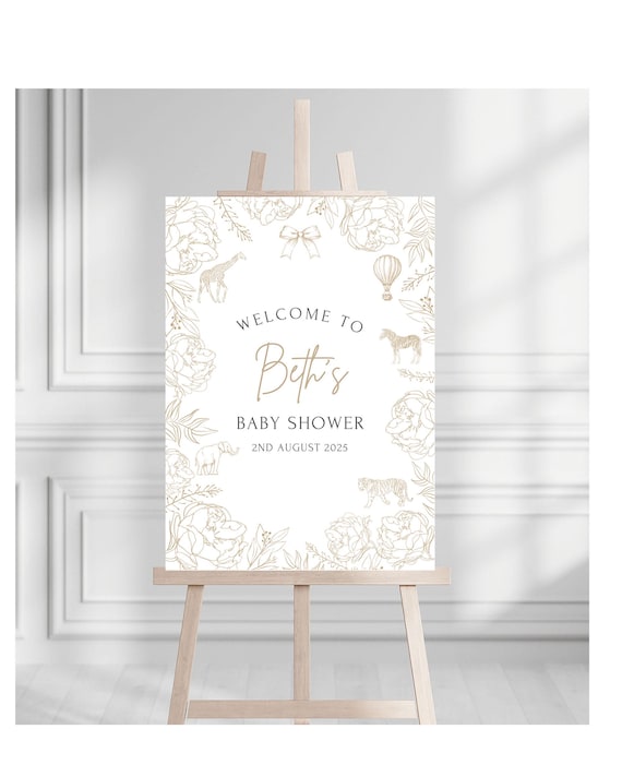 Neutral Toile Baby Shower Welcome Sign, Safari Animal Baby Shower Poster, Elegant Unisex Baby Shower Decoration, Print or Foam Board Sign