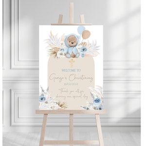 Boho Teddy Bear Pampas Christening Sign | Boys Bear Themed Baby Christening or Baptism Welcome Board | Blue Pampas Christening Sign