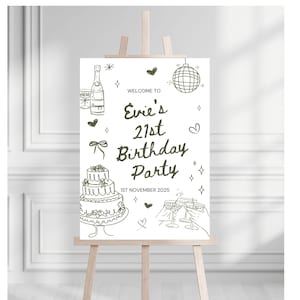 May include: A white sign on a wooden easel with the text "Welcome to Evie's 21st Birthday Party 1st November 2025". The sign features line drawings of a champagne bottle, cake, disco ball, and champagne flutes.