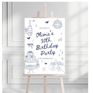 May include: A white sign on a wooden easel with blue line art. The sign reads "Welcome to Olivia's 30th Birthday Party" with illustrations of a cake, champagne, and disco ball. The date "1st November 2025" is also included.