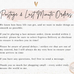 Op de afbeelding: Een roze en witte afbeelding met de tekst "Postage & Last Minute Orders." De tekst legt uit dat de verkoper zijn best zal doen om ervoor te zorgen dat bestellingen op tijd aankomen, zelfs voor bestellingen op het laatste moment. De tekst moedigt klanten ook aan om contact op te nemen met de verkoper als ze vragen hebben.