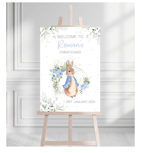 Blue Peter Rabbit Christening Welcome Sign | Christening Decoration | Boys Peter Rabbit Baptism Welcome Board | Christening Sign For Boys