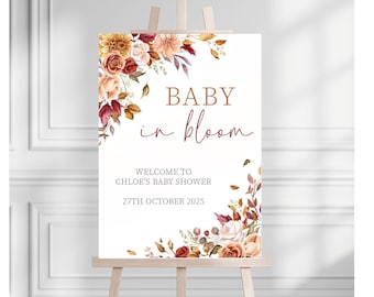 Baby in Bloom Baby Shower Sign | Autumn Floral Baby Shower Welcome Sign | Personalised Fall Baby Girl Shower Decor | Burgundy & Blush Print