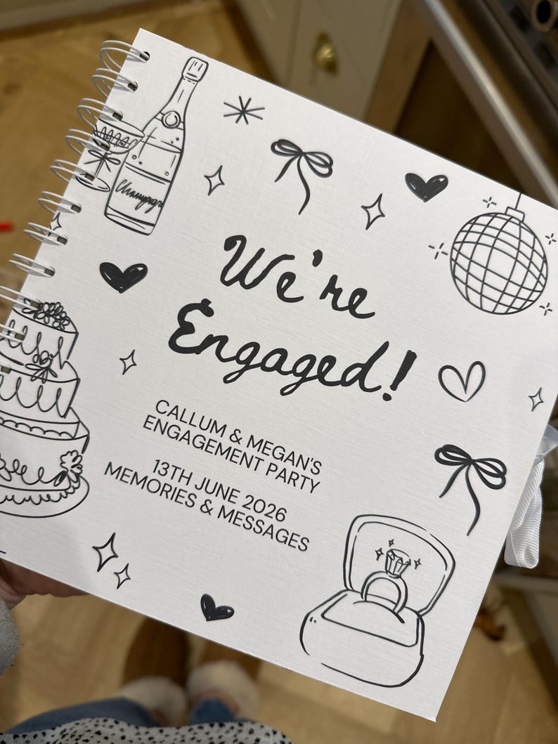 Engagement Guest Book Black Bow Personalised Engagement Guestbook, We’re Engaged Guest Book, Engagement Party Guest Book Engagement Keepsake zdjęcie 3
