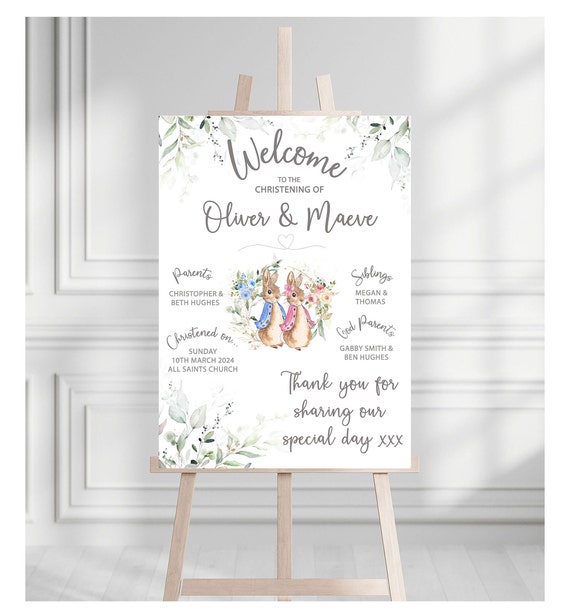 Twin Peter Rabbit Christening Welcome Sign Christening Decoration Twins  Baptism Welcome Board Joint Christening Sibling Christening