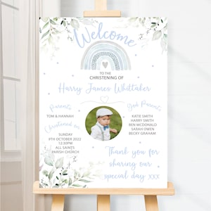 Boys Rainbow Christening Welcome Sign | Personalised Blue Rainbow Christening Board | Sign with Photo |  Dedication Baptism Welcome Sign