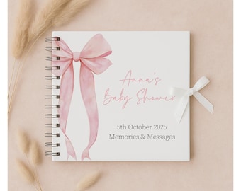 Pink Bow Baby Shower Guest Book – Elegant Blush Ribbon Theme, Personalised Christening Memory Book, Coquette Bow Keepsake