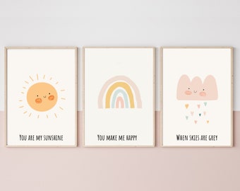 Set of Three You Are My Sunshine, Prints, Baby girl, Nursery Prints, Girls Bedroom, New Baby Gift,  Nursery, Wall Art