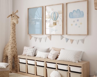 Boys Personalised Watercolour Bedroom Prints | Nursery Baby Art | Hot Air Balloon Wall Print | Dream Big Little One | Set of 3 Printed