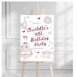 May include: A sign on an easel with the text "Welcome to Charlotte's 30th Birthday Party" in burgundy. The sign features illustrations of a champagne bottle, cake, disco ball, and champagne glasses. The date is November 1st, 2025.